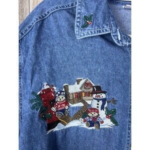 VTG Bobbie Brooks Christmas Shirt Womens 14/16 Blue Denim Teddy‎ Bears Snowman